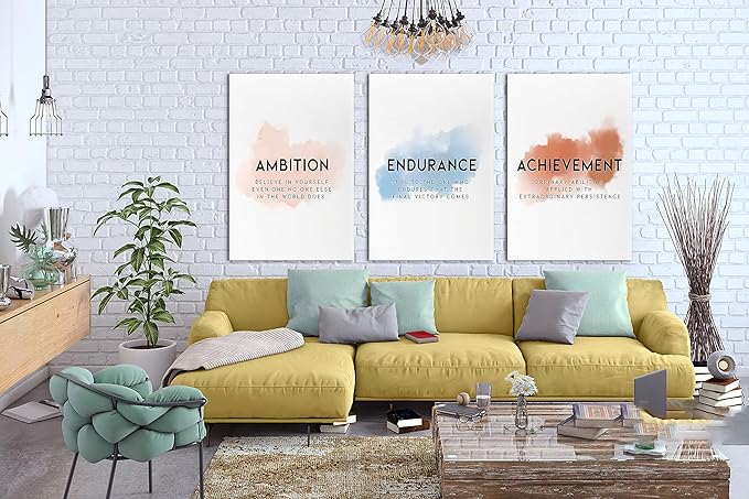 Office Canvas Wall Art Motivational Wall Decor, 3 Piece Ambition Endurance Achievement Print Pictures for Office Wall Decor Women Inspirational Framed Artwork Home Office Decor 24”x36”x3 Panels