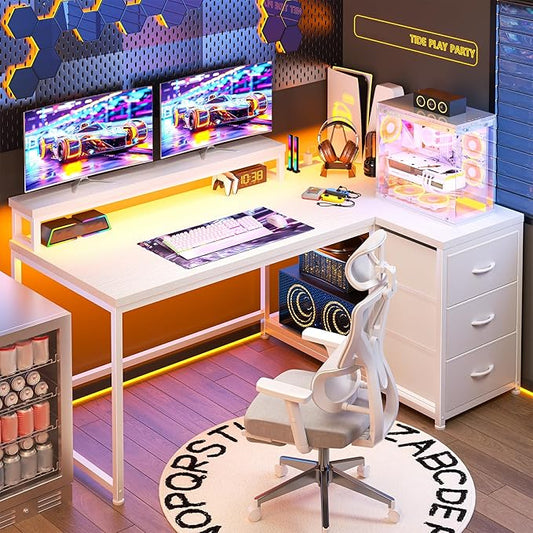 EnHomee L Shaped Gaming Desk with Drawers & Power Outlet, Small Computer Desk with LED Lights, Reversible White Office Desk with Monitor Stand for Gaming,Study Room,Home Office,Bedroom,White