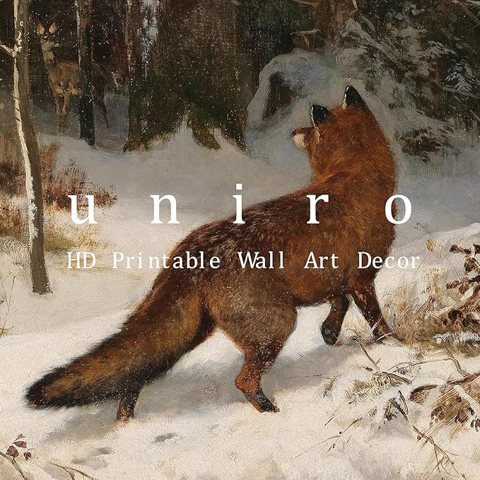 uniro Vintage Wall Art Prints - Vintage Landscape Oil Painting, Antique Fox in Winter Christmas Wall Decor - Farmhouse Canvas Wall Art Decor - Retro winter Landscape Watercolor Animal Picture Aesthetic for Bedroom Bathroom Living Room Christmas Holiday...