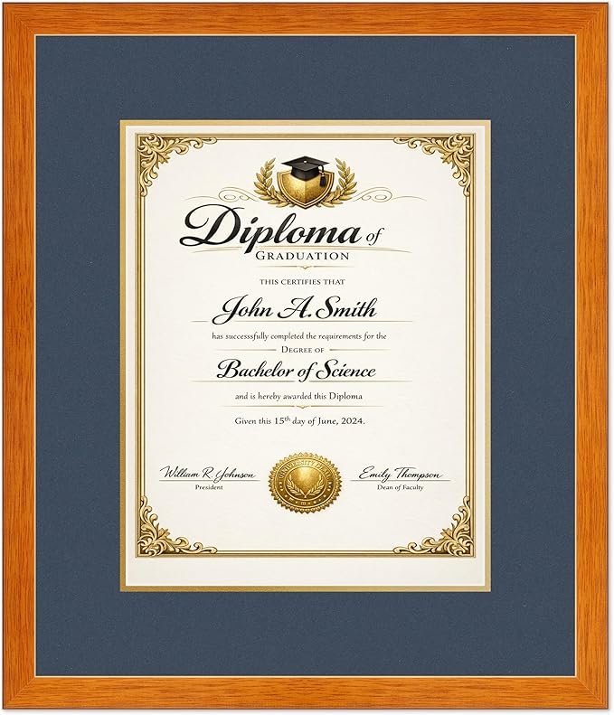 CountryArtHouse Diploma Frame Fits 11 x 14 College Diploma (Portrait) - Keepsake Graduation Display Honey Oak Genuine Hardwood with Navy Blue Over Metallic Gold Double mat