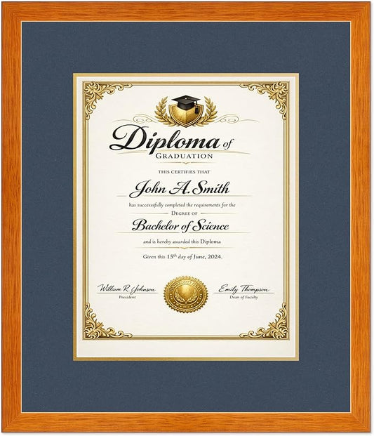 CountryArtHouse Diploma Frame Fits 11 x 14 College Diploma (Portrait) - Keepsake Graduation Display Honey Oak Genuine Hardwood with Navy Blue Over Metallic Gold Double mat