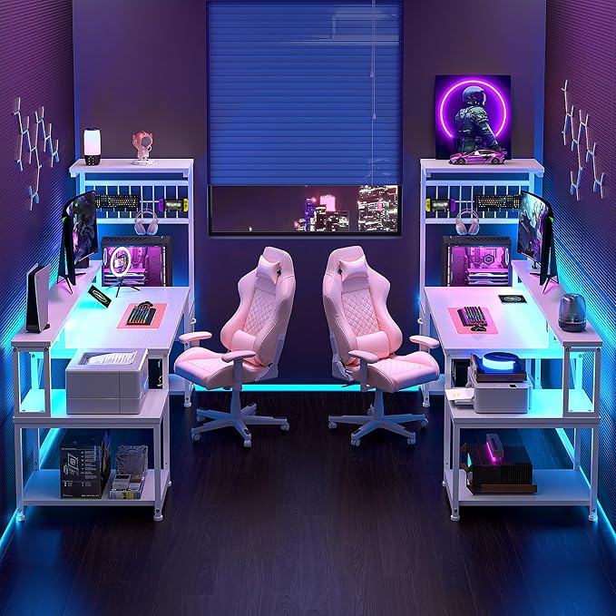 63" Gaming Desk with LED Lights & Outlets,Computer Desk with Drawers & Monitor Stand,Gaming Table with Storage Shelves & Printer Space for Game Room,Study Room,Home Office,Bedroom,White