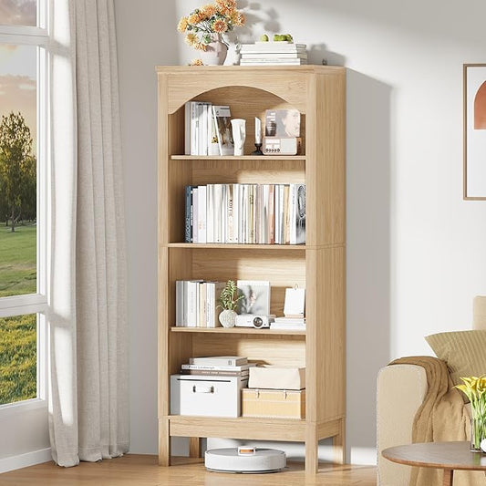 56" H Tall Bookshelf and Bookcase, Arched Book Shelf with 4-Tier Open Shelves, Wooden Storage Bookcase Freestanding Display Bookshelves for Bedroom, Living Room, Natural Oak