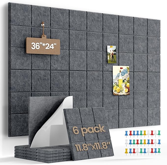 Large Cork Board Felt Board Tiles for Walls with 30 Push Pins, 11.8"x11.8" Pack of 6 Pin Board Notice Boards for Home Office Kitchen, Bulletin Board Wall Tiles for Photos Memos
