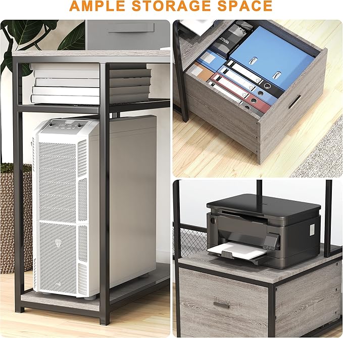 Home Office Desks with Drawers, 66'' Computer Desk with Storage, Office Desk with Monitor Stand, Work Desk with Outlets and USB, Gaming Table Desk with File Cabinet for Home Office Table, Grey