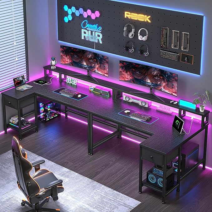 40" Gaming Desk with LED Lights & Power Outlet, L Shaped Desk with Drawer & Monitor Stand, Computer Desk for Small Room, Gaming, Corner Desk for Study Room, Bedroom, Black