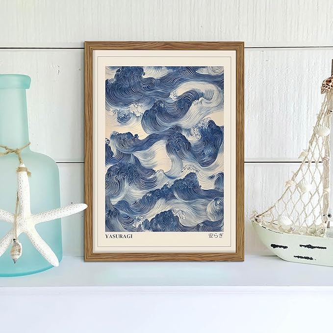 Framed Japanese Wall Art, Vintage Abstract Blue Waves Canvas Wall Decor Painting, Minimalist Japandi Oriental Ocean Aesthetic Prints Picture for Living Room Bathroom Bedroom 16x24 Inch