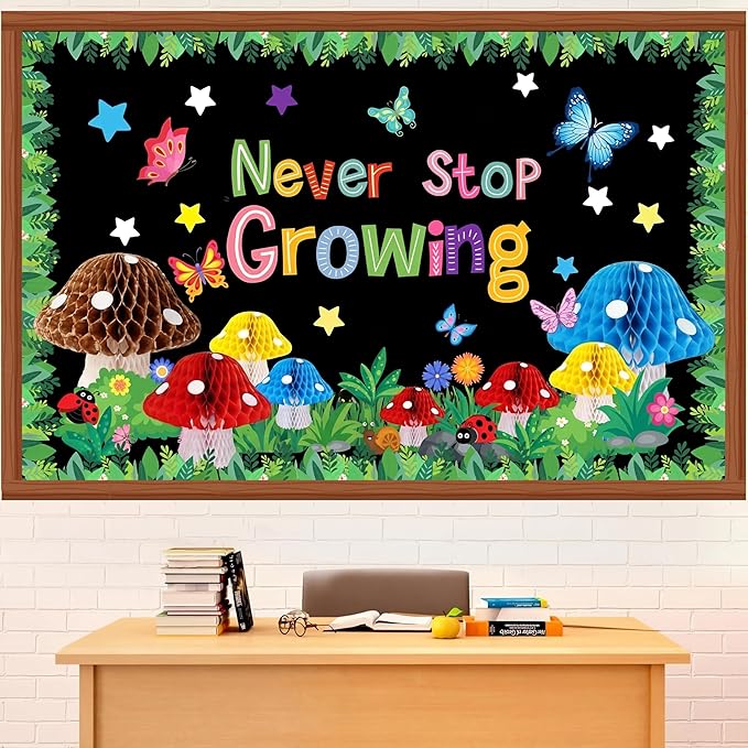 Pajean Spring Bulletin Board Decorations with 3D Mushroom Honeycomb Balls Never Stop Growing Paper Cutouts March April Classroom Bulletin Board for Motivational Library Reading Chalkboard Wall Decor