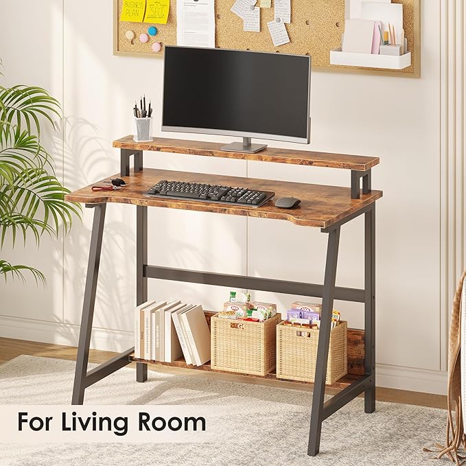 ALISENED 31.5 Inch Small Office Desk with Storage, Small Desk for Small Spaces, Compact Home Office Desk, Mini Study Desk for Bedroom, Brown