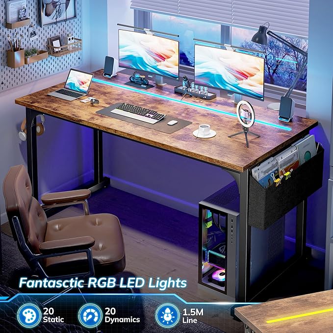 Computer Desk 55 Inch Home Office Desks with Storage Bag,Gaming Writing Work from Home Study Desk with Adjustable LED Lights,Office Desk with Headphone Hook Sturdy Metal Frame, Rustic Brown