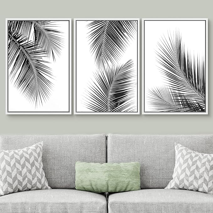 SIGNWIN 3 Piece Framed Canvas Wall Art Black and White Tropical Leaves Canvas Prints Home Artwork Decoration for Living Room,Bedroom - 24"x36"x3 White