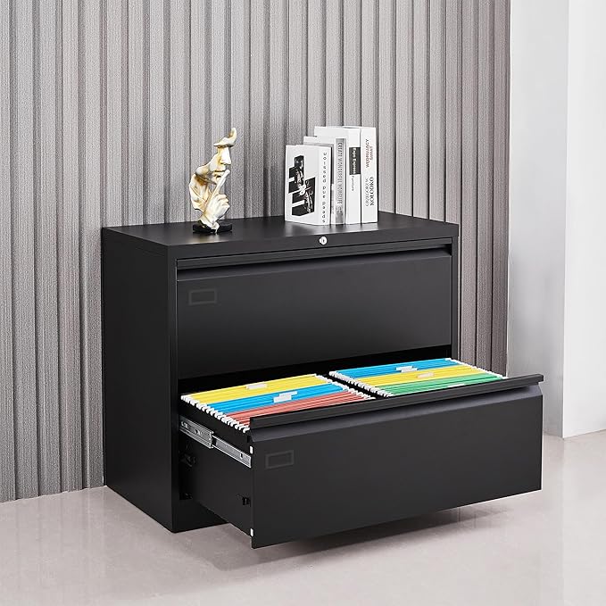 2 Drawer Filing Cabinet, Black Lateral File Cabinet with Lock, Lockable Metal File Cabinet for Home Office, Office File Cabinets for Legal/Letter/A4/F4 Size with Hanging Files&Key (Black(2 Drawer))