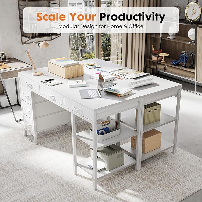 Sweetcrispy 55" Computer Desk with 6 Drawers, Home Office Gaming Desks with Storage Shelves for Bedroom, Writing Study Corner Living Room Work Table White