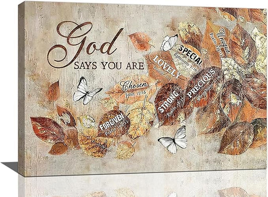 yerretin Fall Christian Leaves Wall Art Autumn Religious Pictures Wall Decor Rustic God Says Canvas Painting Modern Artwork Home Decoration for Living Room Bathroom Bedroom Office Framed 24"x16"