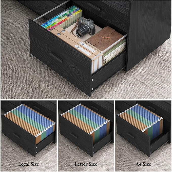 70.3 inch L Shaped Executive Desk with Power Outlets, Large Home Office Desk with Storage Drawers and File Cabinet, Modern Computer Desk with Shelves, Black Business Furniture, Square Tapered Legs