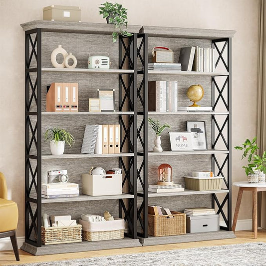 Tribesigns 6-Tier Bookcase Set of 2, 71 Inches Industrial Bookshelves and Bookcases, Floor Standing 5 Shelf Display Storage Shelves Tall Bookcase for Home Office, Living Room, Bed Room, Grey