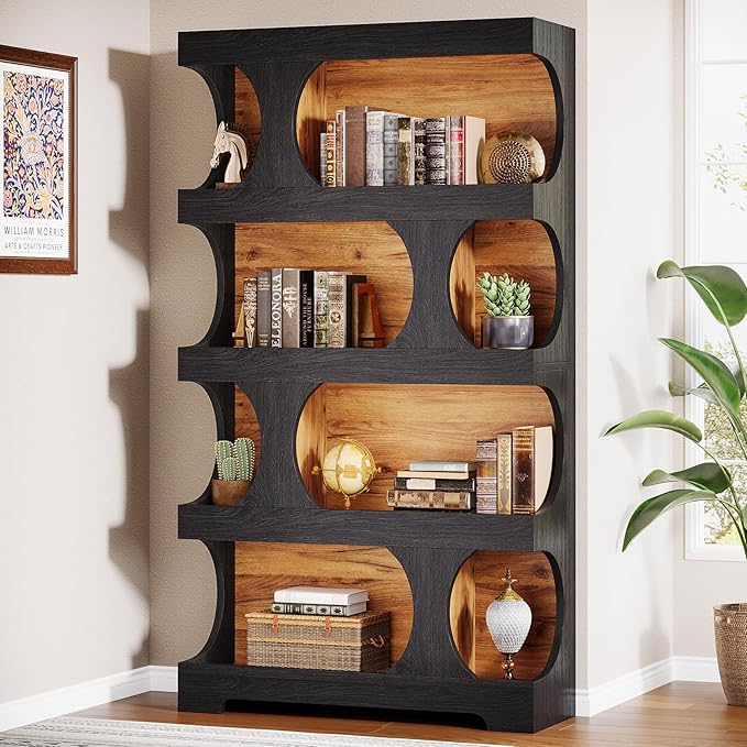 Tribesigns 71" Tall Black Bookcase Set of 2, Modern Asymmetrical Bookshelf, 4-Tier Freestanding Display Shelf with Classic Shape, Large Library Book Shelf for Living Room, Home Office
