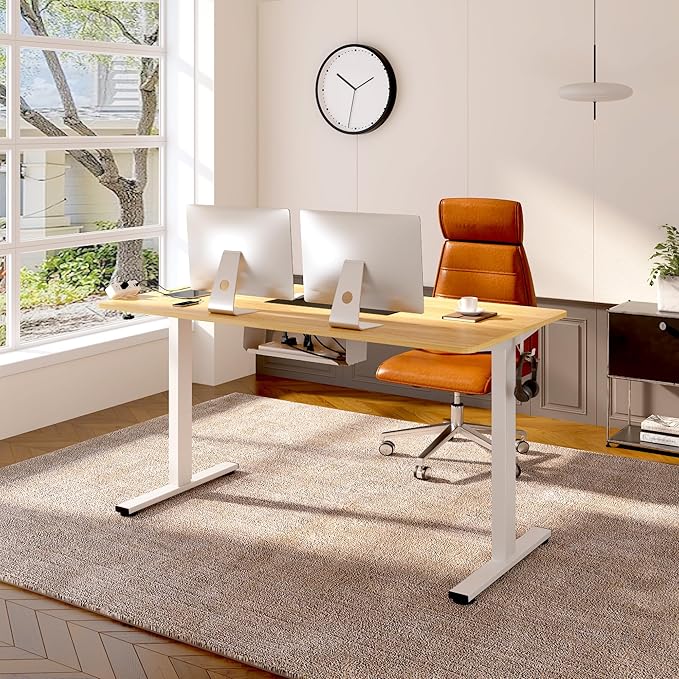 FLEXISPOT EN2 Whole-Piece Standing Desk with Clamp Power Strip, 48 x 24 Electric Height Adjustable Desk with Cable Management for Workstation (White Frame + 48" Maple Top)