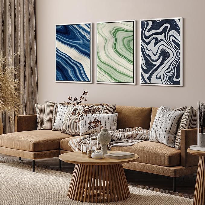 SIGNFORD Framed Wall Art Print Set Blue and Green Marble Swirl Abstract Bold Digital Art Modern Art Contemporary for Living Room, Bedroom, Office - 16"x24"x3 WHITE