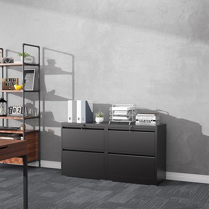 2 Drawer File Cabinet with Lock, Lateral Filing Cabinets,Metal Storage Filing Cabinets for Home Office, Heavy Duty File Cabinet for Letter/Legal/A4/F4 Size Assemble Required, Black