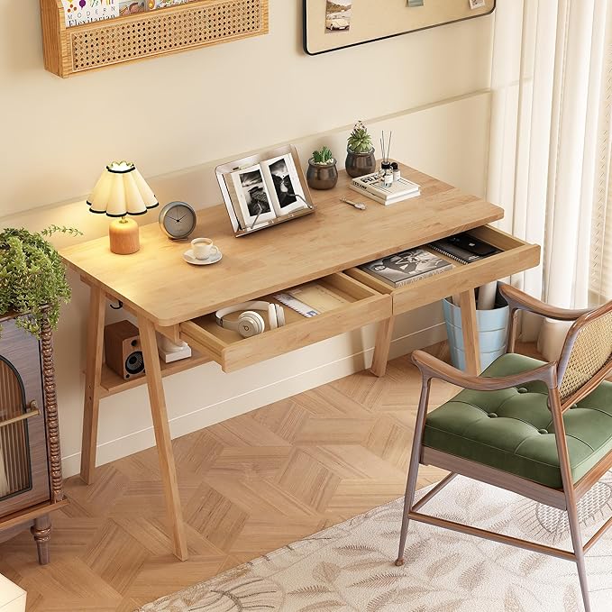 Solid Wood Desk with Drawers - 47.2 Inch Writing Desk with Drawers & Storage Shelf, Simple Modern Study Table, Home Office Computer Desks for Bedroom & Home, Natural Boho Desks