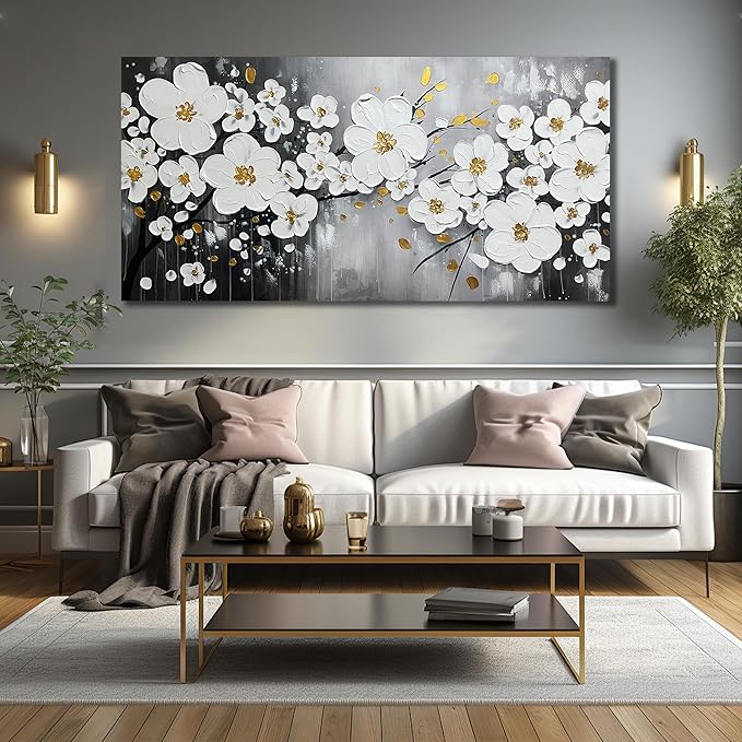 WDHCG Flower Hand Painted Wall Art For Office Women - Large Modern Art Wall Decor For Living Room - White Huge Canvas Wall Art For Bedroom Size 36 x 72 Inch