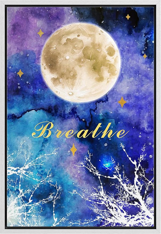 IDEA4WALL Framed Canvas Print Wall Art Breathe Watercolor Galaxy with Harvest Moon Astronomy & Space Sky Illustrations Modern Art Glam Colorful for Living Room, Bedroom, Office - 16"x24" WHITE