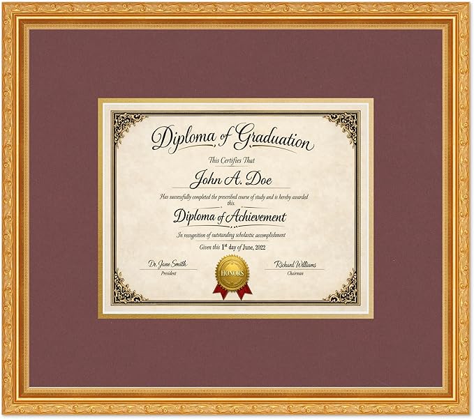 Diploma Frame Museum Gold with Dark Red Over Gold Double Mat - Fits 10 x 8 Professional License Wall Display Made in the USA