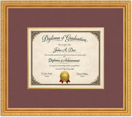 Diploma Frame Museum Gold with Dark Red Over Gold Double Mat - Fits 10 x 8 Professional License Wall Display Made in the USA