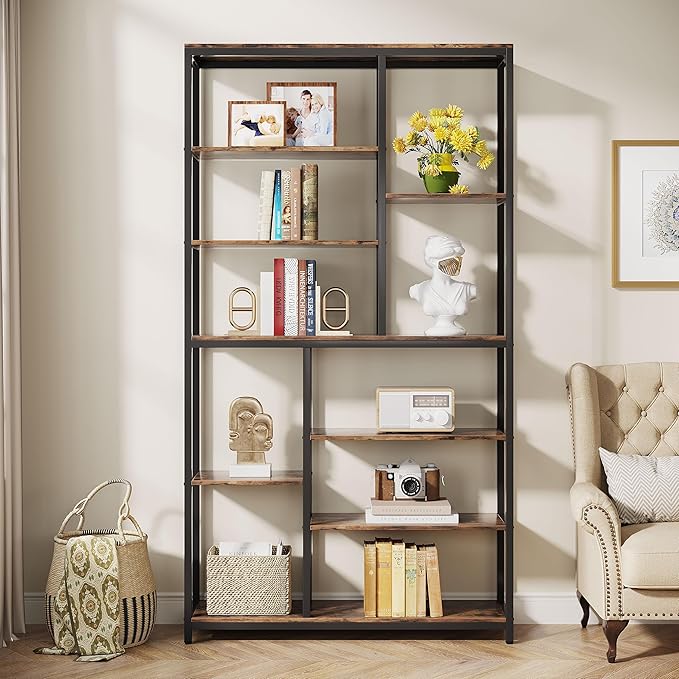 Tribesigns 79-Inch Tall Staggered Bookshelf, Industrial Bookcase with 8 Open Shelves, Wood and Metal Etagere Display Shelf for Living Room, Home and Office
