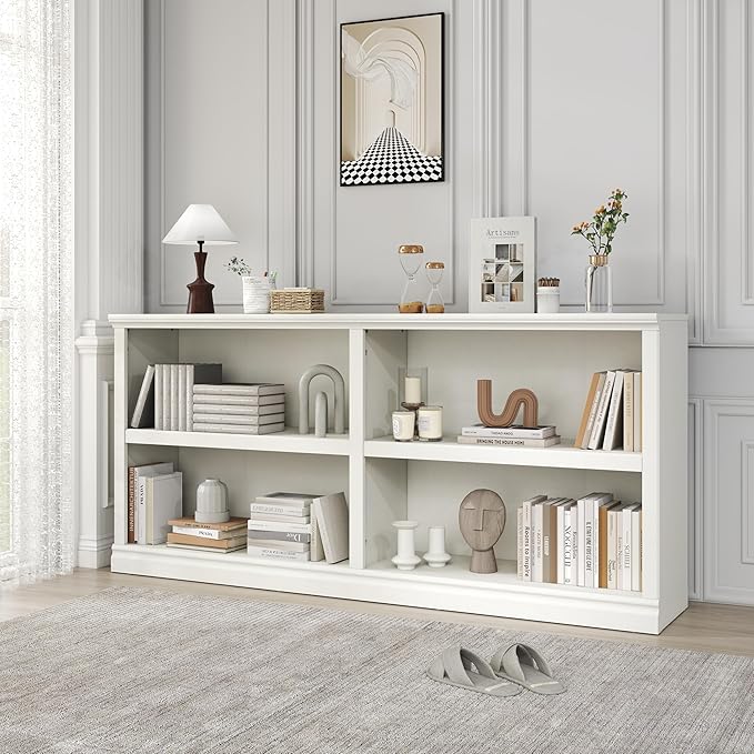 Double Wide Open Shelf Bookcase - 2 Tiers 4 Storage Cube Adjustable Space Book Case, Display Cabinet Organizer with Bookshelf, 64.8 inch Width Indoor Furniture for Home Library Office, White
