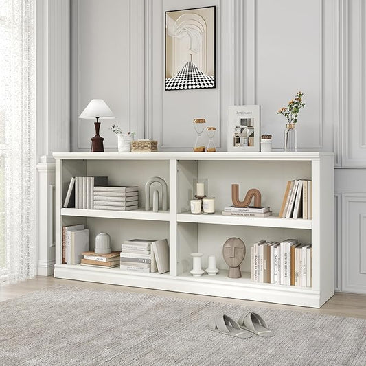 Double Wide Open Shelf Bookcase - 2 Tiers 4 Storage Cube Adjustable Space Book Case, Display Cabinet Organizer with Bookshelf, 64.8 inch Width Indoor Furniture for Home Library Office, White