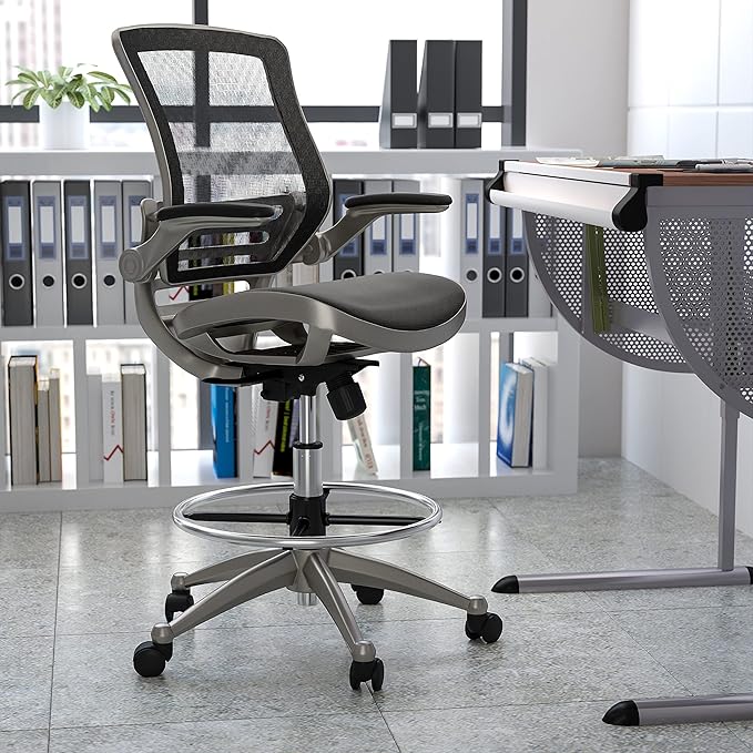 Flash Furniture Waylon Mid-Back Swivel Office Chair with Adjustable Foot Ring and Seat Height, Ergonomic Mesh Chair with Armrests, Black/Silver