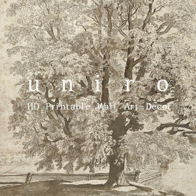 uniro Neutral Etching Vintage Tree Sketch Print, Tree Canvas Wall Art, Antique Rustic Home Decor, Landscape Wilderness Fine Drawing Painting Art Decorative Country/Farmhouse for Living Room, Bedroom, Bathroom Decor( 8" x 10"-UNFRAMED)