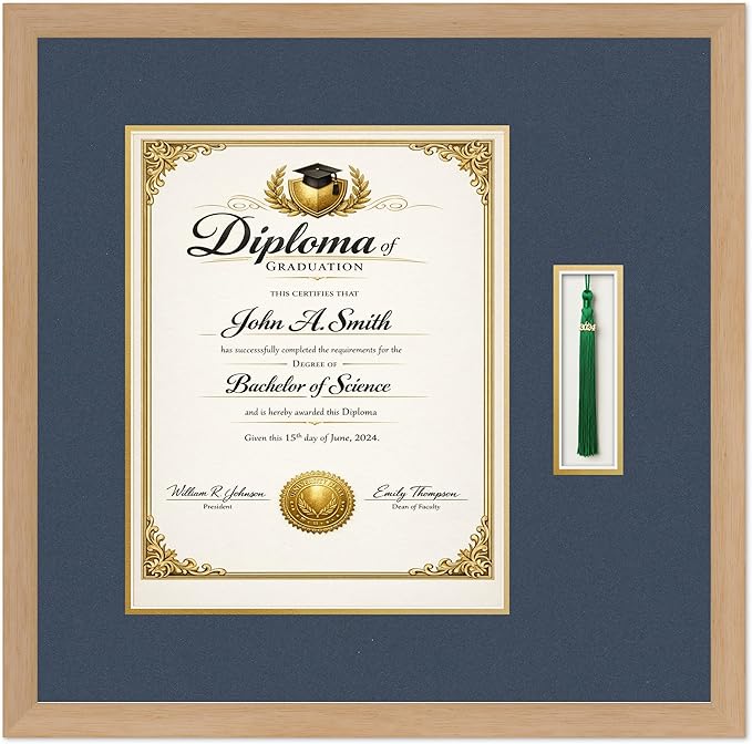 CountryArtHouse Diploma and Tassel Frame Fits 11 x 14 College Diploma (Portrait) with Tasse Natural Wood Genuine Hardwood Shadowbox with Navy Blue Over Metallic Gold Double mat