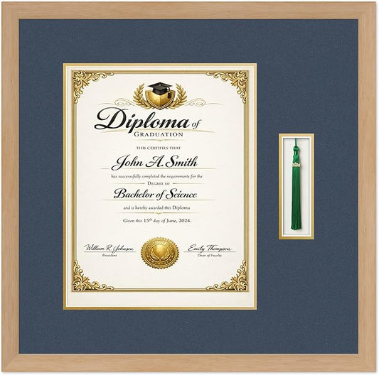 CountryArtHouse Diploma and Tassel Frame Fits 11 x 14 College Diploma (Portrait) with Tasse Natural Wood Genuine Hardwood Shadowbox with Navy Blue Over Metallic Gold Double mat