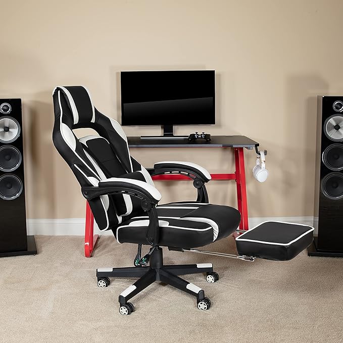 Flash Furniture X40 Gaming Chair Racing Ergonomic Computer Chair with Fully Reclining Back/Arms, Slide-Out Footrest, Massaging Lumbar - White