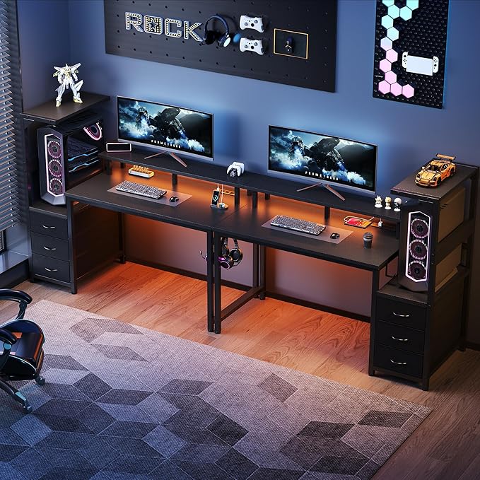 DUMOS L Shaped Gaming Desk with Shelves Storage Drawers 52'', Black Computer Desks with LED Lights Power Outlets, Office Wood Table with PC Stand Cable Management for Bedroom Dual Monitor Streaming