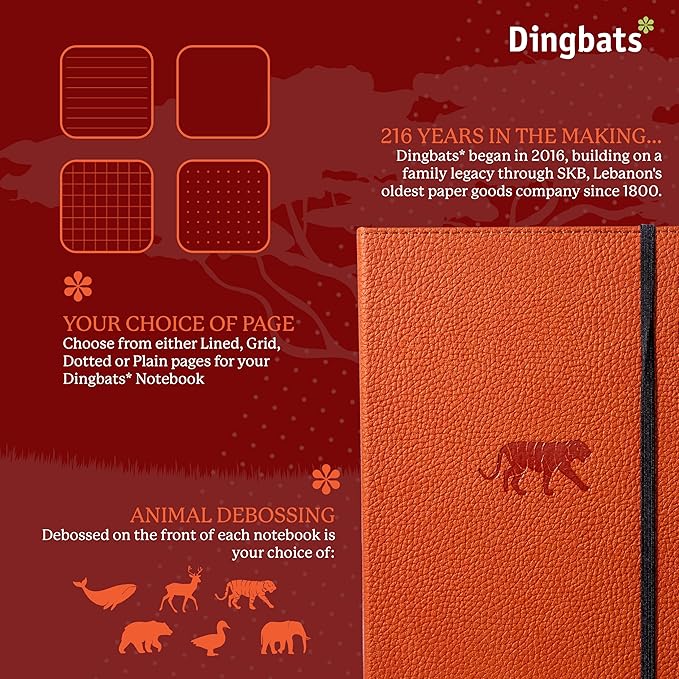 Dingbats* Notebooks - Wildlife Squared Medium Notebook, Orange Tiger, A5 - Cream 100gsm Ink-Proof Paper - Includes Elastic Closure & Bookmark