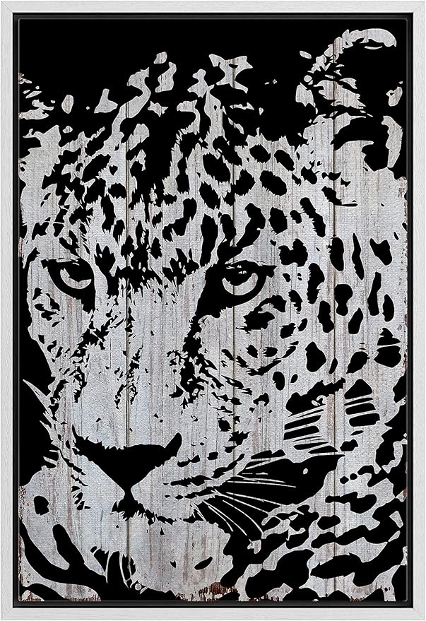 IDEA4WALL Framed Canvas Print Wall Art Grayscale Spotted Leopard on Grey Wood Panels Animals WildLife Illustrations Modern Art Tropical Portrait for Living Room, Bedroom, Office - 16"x24" WHITE