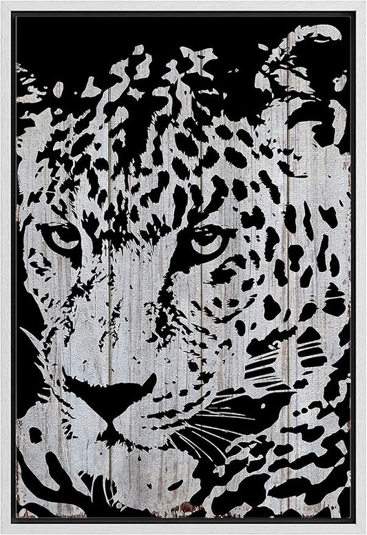 IDEA4WALL Framed Canvas Print Wall Art Grayscale Spotted Leopard on Grey Wood Panels Animals WildLife Illustrations Modern Art Tropical Portrait for Living Room, Bedroom, Office - 16"x24" WHITE