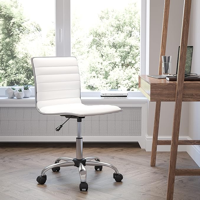 Flash Furniture Alan Low-Back Ribbed Upholstered Vinyl Swivel Desk Chair with Padded Seat, Modern Adjustable Height Padded Office Chair, White