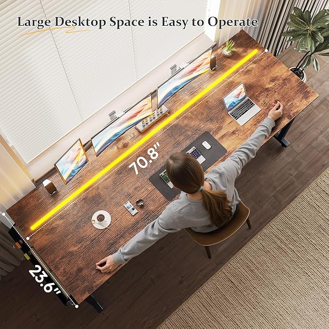 71 Inch Computer Desk with LED Lights, Office Desk for Home Office, Study Desk Writing Table with Storage Bag, Headphone Hook, Rustic Brown