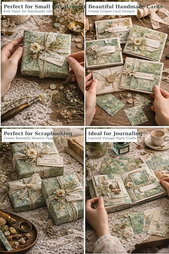 6x6 Scrapbook Paper Pad – Mystical Forest Botanical Green Designs, 24 Sheets (12 Designs x2), Single-Sided 160gsm Acid Free Cardstock for Card Making, Journaling & DIY Crafts