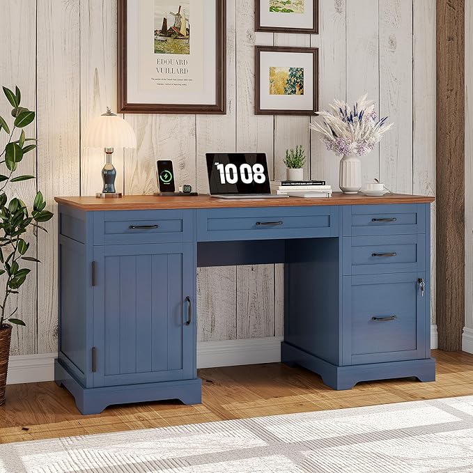 Whalefall 55'' Farmhouse Desk Home Office with Drawers, Executive Computer Desk Wooden with File Cabinet and Charging Station, Blue