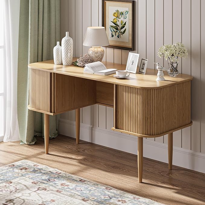 55" Modern Writing Desk with Storage, Wood Home Office Desk with Sliding Doors, Computer Desk for Home Office, Dorm, Living Room, Home Study Table, Natural