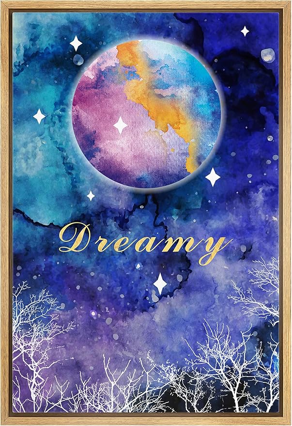 IDEA4WALL Framed Canvas Print Wall Art Dreamy Watercolor Galaxy with Star Covered Moon Astronomy & Space Sky Illustrations Modern Art Glam Colorful for Living Room, Bedroom, Office - 16"x24" NATURAL