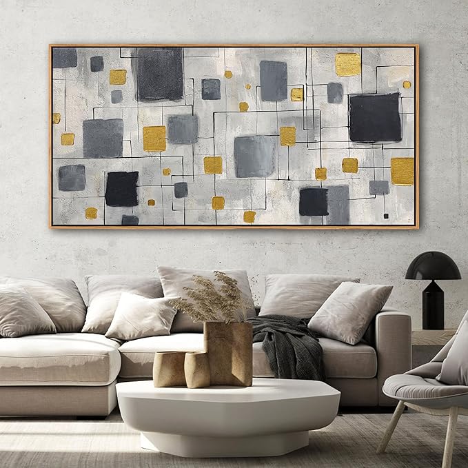 KLAKLA Neutral Decor Modern Abstract Wall Art Poster - Black Gold Gray for Living Room Bedroom Office Framed Minimalist Abstract Design 58x29 Inches