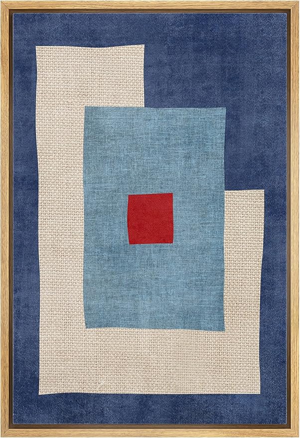 IDEA4WALL Framed Canvas Print Wall Art Mid-Century Blue & Red Blocks Abstract Geometric Illustrations Modern Art Minimalism Shapes Multicolor Boho for Living Room, Bedroom, Office - 24"x36" Natural