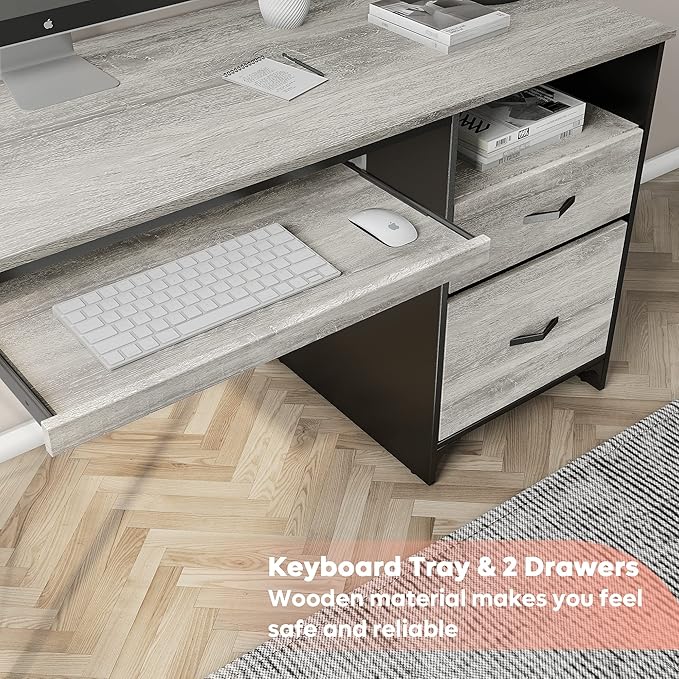 Bestier Office Desk with Drawers, 55 inch Industrial Computer Desk with Storage, Wood Teacher Desk with Keyboard Tray & File Drawer for Home Office, Light Gray Oak
